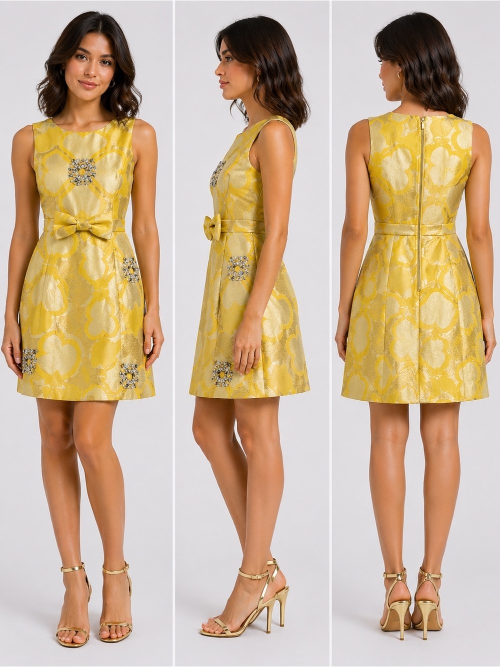 Marc by Marc Jacobs Embellished Bow Midi Dress 6 Yellow Floral Jacquard A-Line